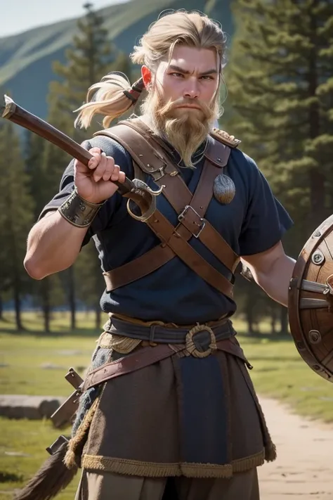 man, viking, Viking culture, with bows in their hands, training, medieval,  short hair with bangs , machista, male, (((young))).