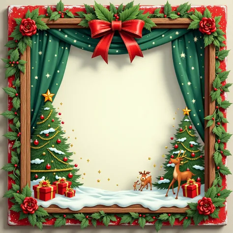  Create a design for a in tile that captures the spirit of Christmas.  The picture frame must have a square shape ,  with decorative borders in green and red . In the background,  add a Christmas scene with a decorated Christmas tree ,  falling snowflakes ...