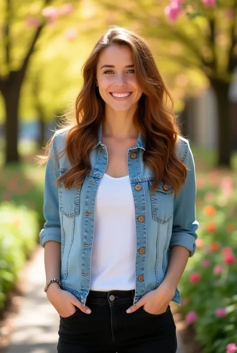 Create an image of a young woman named Abigail, around 19 years old, with long, wavy chestnut hair and bright green eyes. She has a friendly smile and is wearing a casual, stylish outfit, consisting of a light blue denim jacket over a white t-shirt and bla...