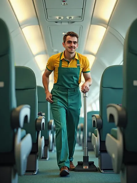   attractive man with short hair works as a cleaning staff on an airplane, Do you vacuum ,  light green and yellow clothes 