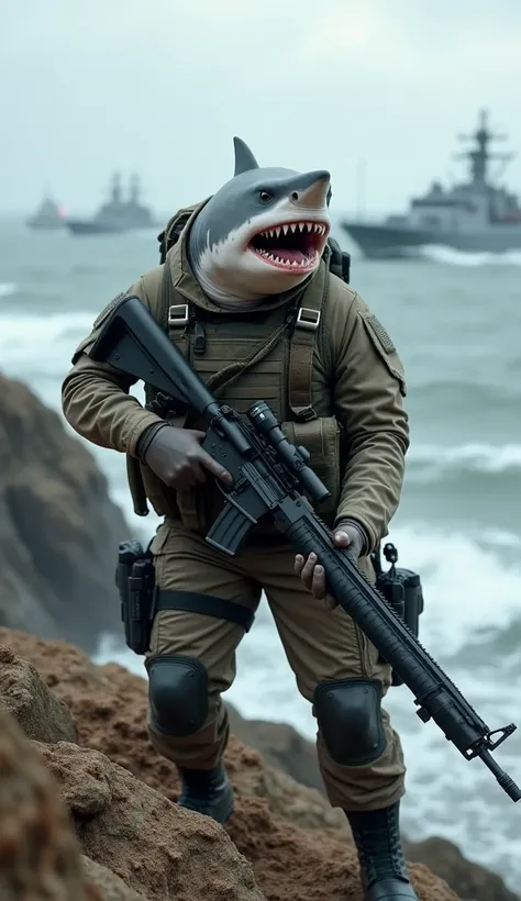 "Draw a white shark standing like a human ,  maintaining his natural body with his greyish skin and sharp teeth .  He is dressed in naval operations equipment ,  with waterproof combat clothes and tactical vest .  The shark holds a high-powered rifle adapt...