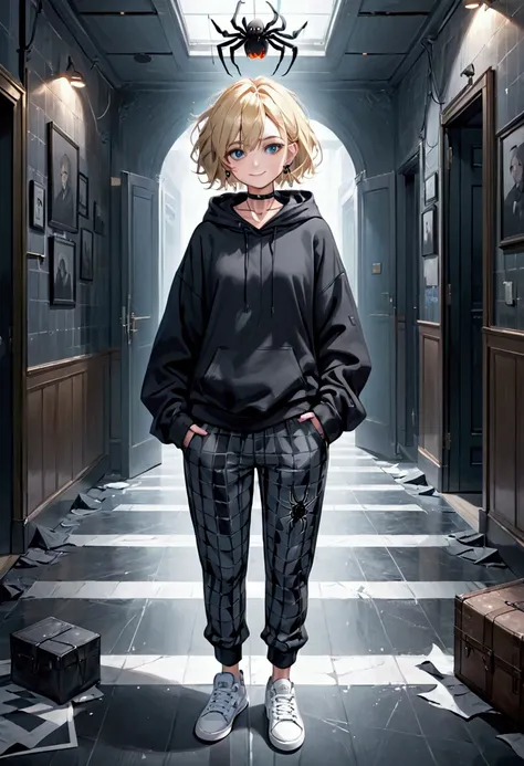 1girl, solo, blond hair, short hair, messy hair, blue eyes, eyeliner, grin, black earrings, black choker, black hoodie with spider print, grey checkered pants, white sneakers, full body