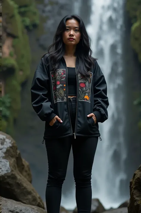 30 year old Indonesian woman, very beautiful natural face, plump, very big tits, big buttocks, wearing a black jacket, with an abstract pattern, black pants, black shoes, modern black long hair standing, Background, cliff waterfall big rocks, very realisti...