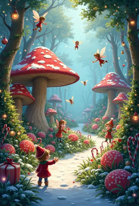  presents a magical garden in the style of Wonderland .  The scene includes fun characters from digital,  like fairies with shiny wings and cheerful elves .  There are flickering Christmas lights , candy canes,  decorated Christmas trees and snowy paths . ...