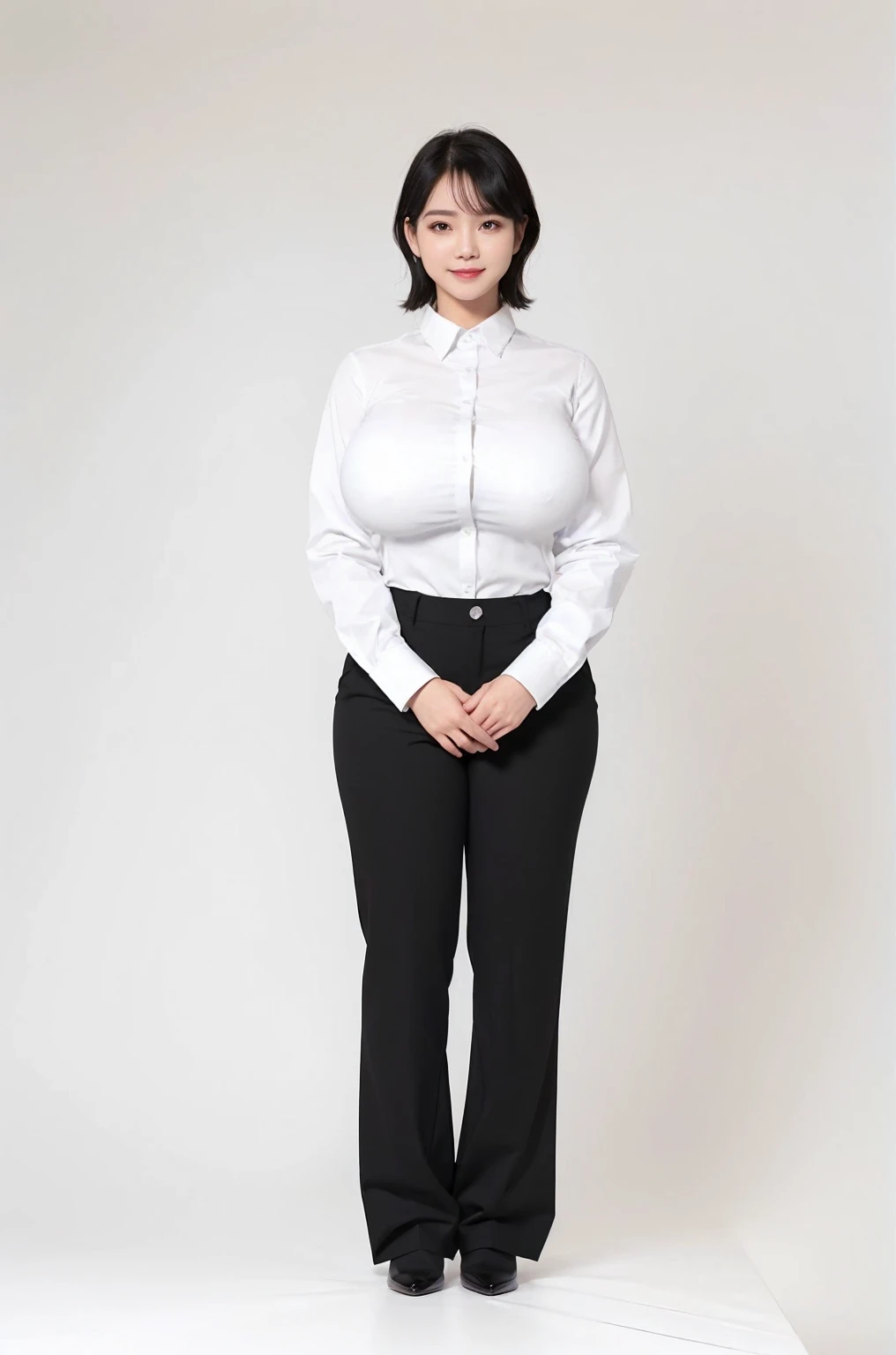 Best Quality、  ultra high resolution 、 professional lighting 、 Detailed Background、studio、whole body, Kobeni Sauce 、 A cheeky smile 、25 year old female、 pretty girl、(short hair， lacquer black hair color , black hair,( white shirt :1.2)+(Black Tuxedo:1.2)+(...