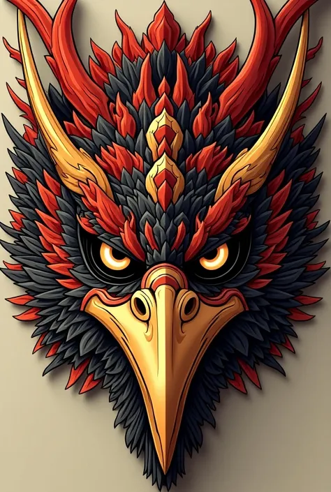 "A captivating vector illustration of a mask that merges the fierce characteristics of Japanese Oni masks with the majestic head of a Garuda. The mask features intricate details, showcasing the powerful beak and sharp eyes of the Garuda, complemented by or...