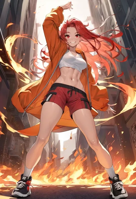 (best quality), (high detailed), (perfect body), (perfect face), one girl, asian, smile, red color hair, long hair, dark red eyes, medium breasts, opened-zip orange long-sleeve hoodie, white tank-top, dark red shorts, white socks, black trainers, fire, fir...