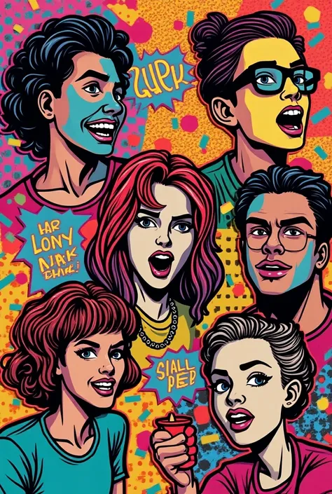 Pop art t-shirt with comics and dialogue bubbles in neon colors