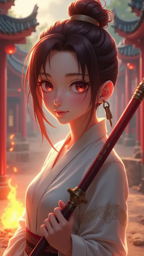 Best image quality, masterpiece level, ultra-high resolution, realism, fantasy theme, weapons, facial details, a girl, single, hair bun, fairy tale theme, upper body, Chinese architecture, flame, get detailed outdoor lighting and movie lighting, increase d...