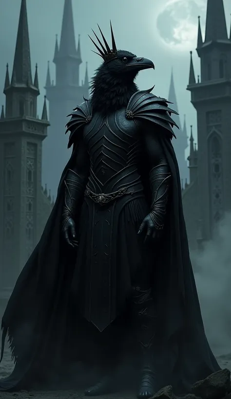 
10. Shadow King of the Underworld: "Create a dark and mysterious humanoid figure with the head of a raven, adorned with a black crown and shadowy armor. The background features an eerie, dark kingdom filled with gothic towers and swirling mists, evoking a...