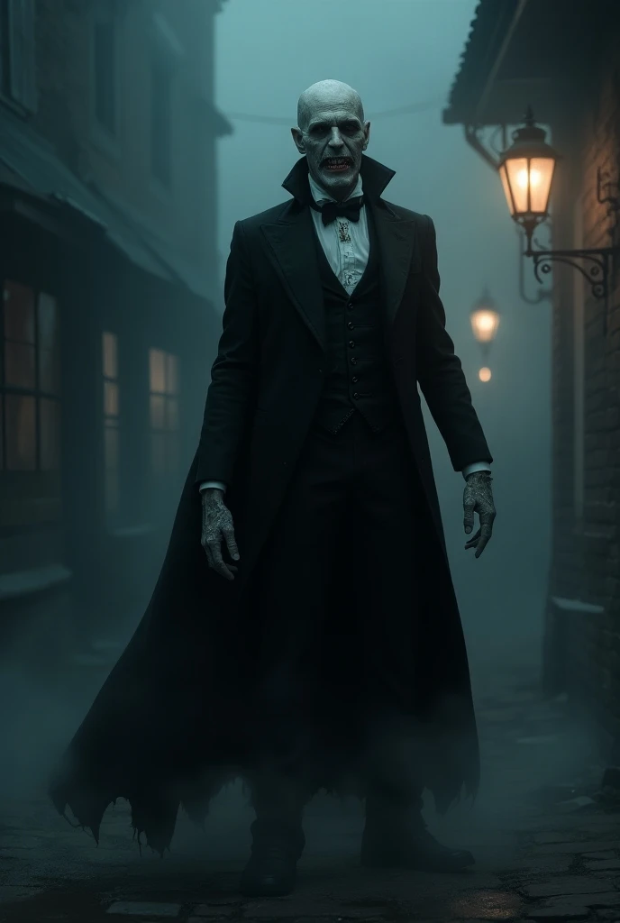 
"A terrifying depiction of a Victorian-era vampire standing in a foggy village at night. The vampire has pale, almost translucent skin and glowing, hypnotic eyes that radiate malice. He wears an elegant but tattered Victorian suit, with a long dark cloak ...