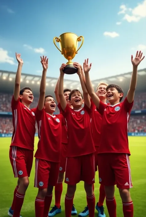  group of boys won a soccer cup, with red uniforms  