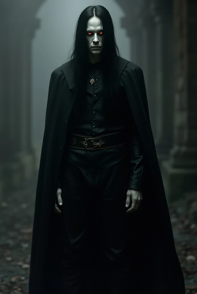 Medieval Vampire . high, albino, black and straight hair.  Totally Black Clothing. 