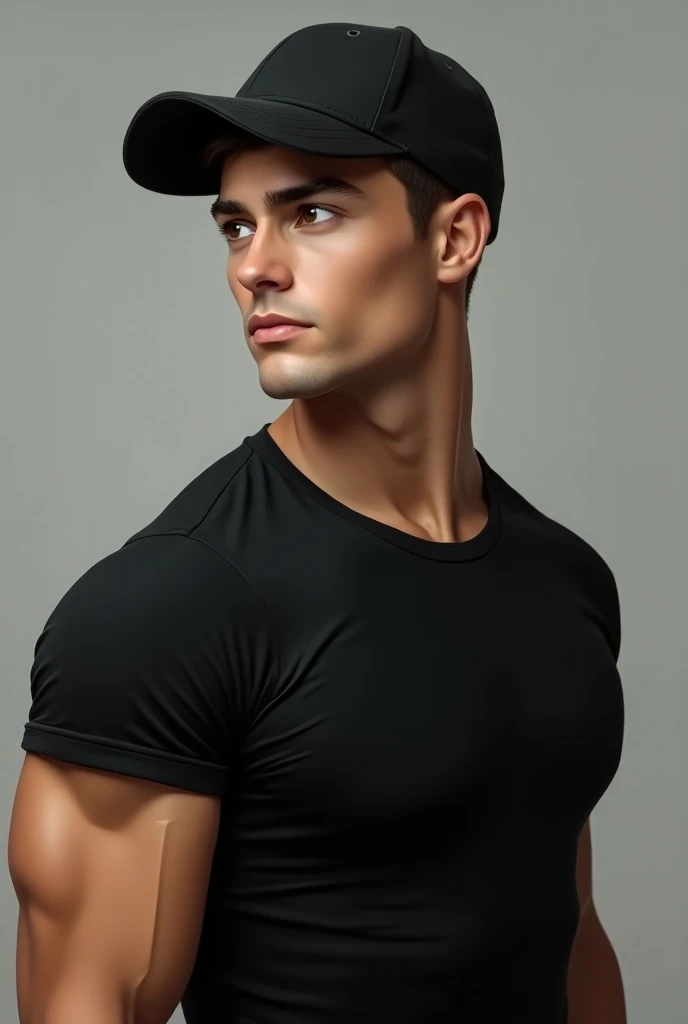 Portrait of a young sexy athletic man in a black baseball cap, in a black T-shirt. Photorealism, realistic skin