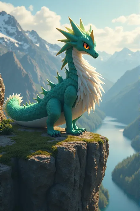 Real e621, Photorealistic, Masterpiece, Aerial, Rayquaza_(Pokémon), standing on cliff top looking over valley with lake, snow-capped mountains in distance, sunlight scattered over lake, morning time, cloudy sky, sharp detailed eyes, looking at viewer, tilt...