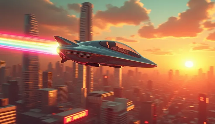 A high-energy shot of a pizza delivery drone launching into the sky from the pizza shop. The drone, sleek and shiny, speeds off with a rainbow trail behind it, leaving a glowing "Turbo Pepperoni" pizza inside its cargo hold. The city skyline in the backgro...