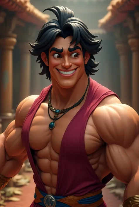 ultra realistic: o gênio de Aladdin bodybuilder ,  serving to make the command a reality  ,   with a warm smile and a friendly appearance ,  zoom,  Focus on your face 