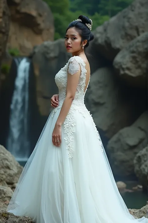 30 year old Indonesian woman, very beautiful natural face, plump, very big tits, big buttocks, wearing a very beautiful white Javanese Indonesian wedding dress, black hair in a bun and hair accessories, modern standing, looking at the camera, Background, c...