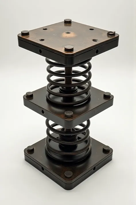 "A solid four-cornered black-brown colored plate at the bottom, and another identical plate on top. In between the two plates, there are four large springs at each corner."