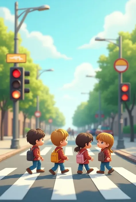 "Image of several  cuteren with school beg crossing the street, following the traffic signal. The scene includes a clear traffic light with the message: Red light means stop, yellow light means get ready, green light means go! and a visible pedestrian cros...