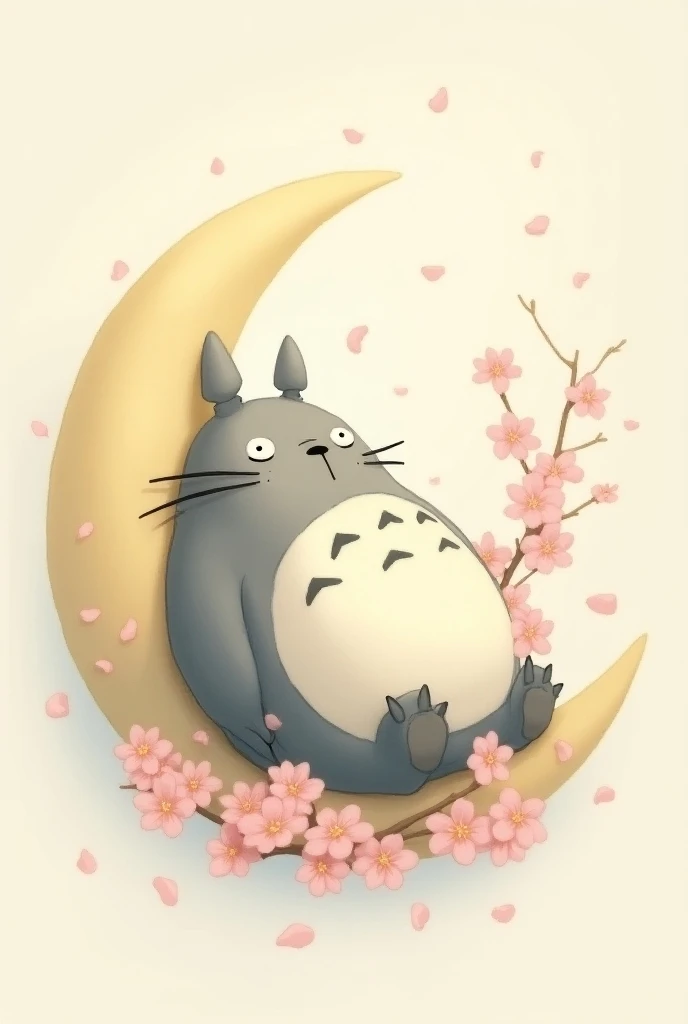 Totoro lying in half moon and sakura flowers for a tattoo