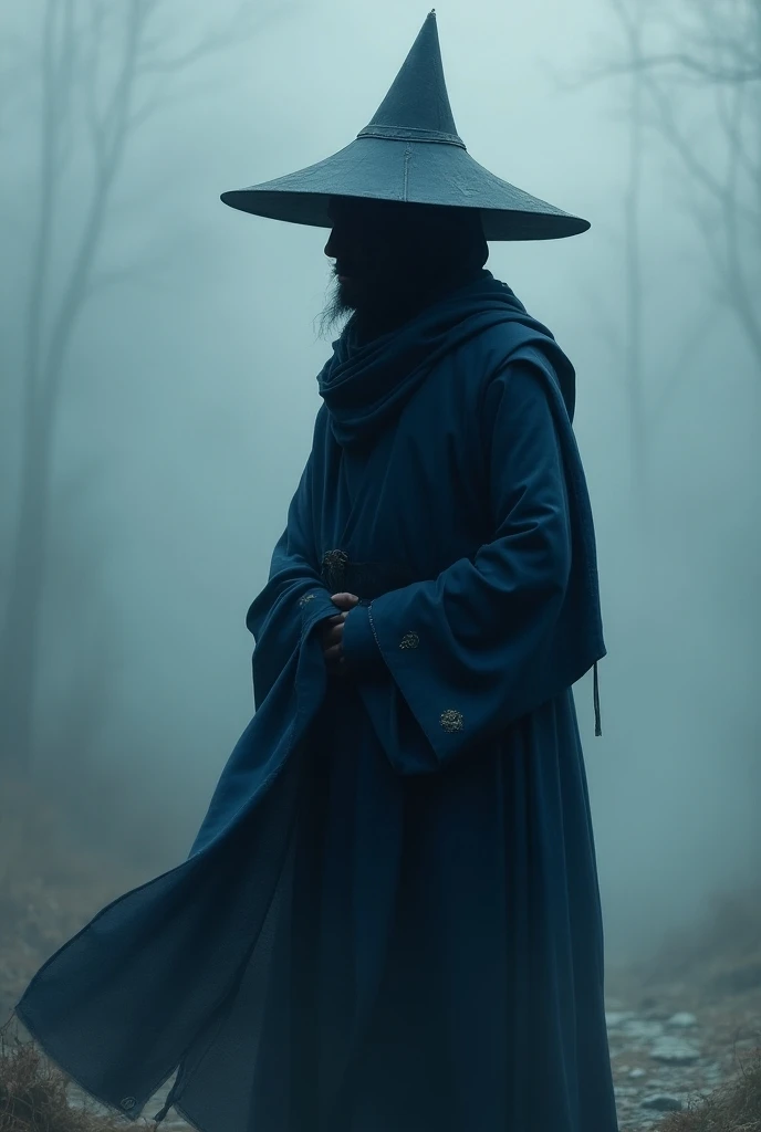 dark blue robed monk with triangular hat