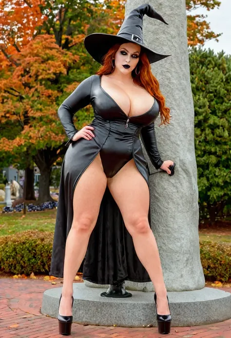 full body shot of a modern day lightly clad beautiful witch with a curvy body and large breasts, wearing open-toe high heel shoe...