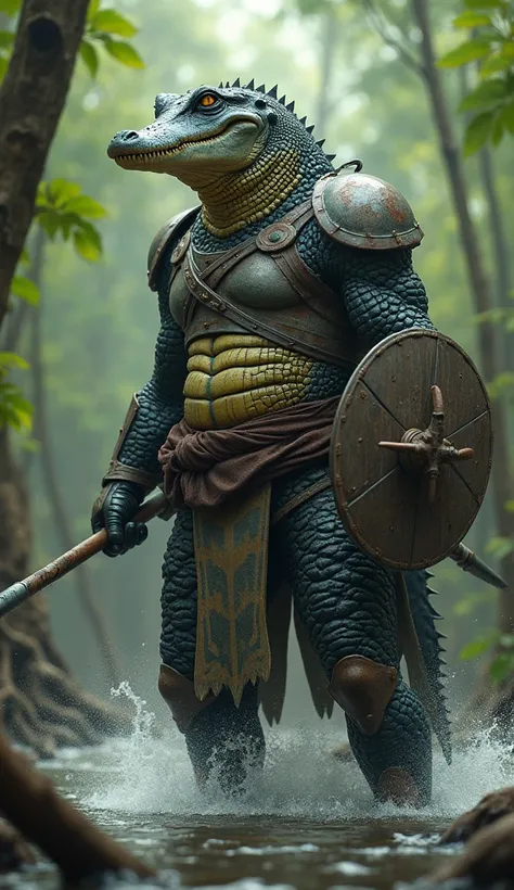 " Create an image of an alligator standing as a human ,  maintaining its thick scales and natural body .  He wears rustic metal armor , like an amphibious warrior ,  with details that mix military and wild elements .  The alligator carries a spear in one h...