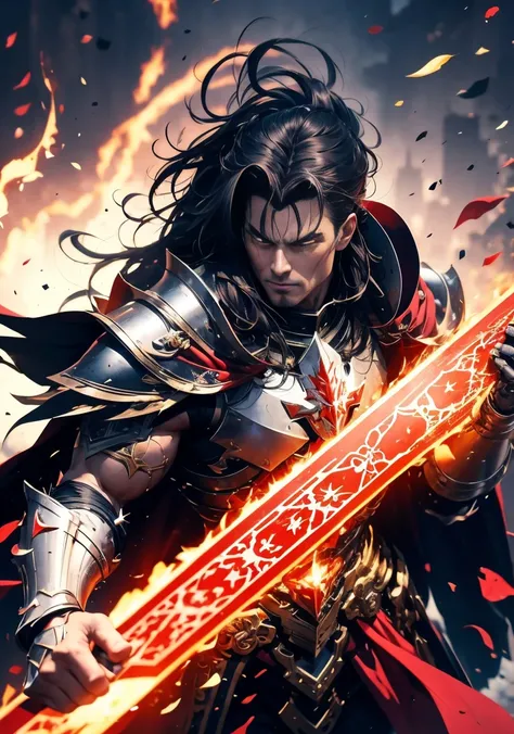 a human warrior with a muscular physique and intense expression, his dark hair swept back. He wears dark, battle-worn armor with a red cape billowing behind him. 3 red triangular symbol is emblazoned on his forehead, linking him to the energy figure beside...