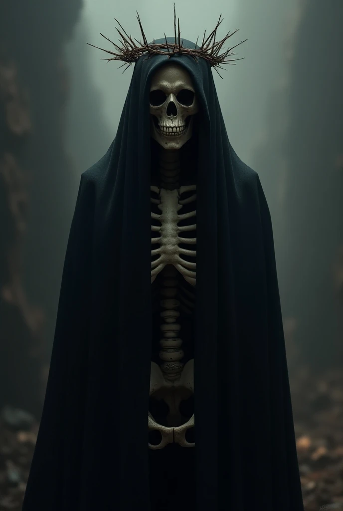 Living dead skeleton with black cloak and crown of thorns