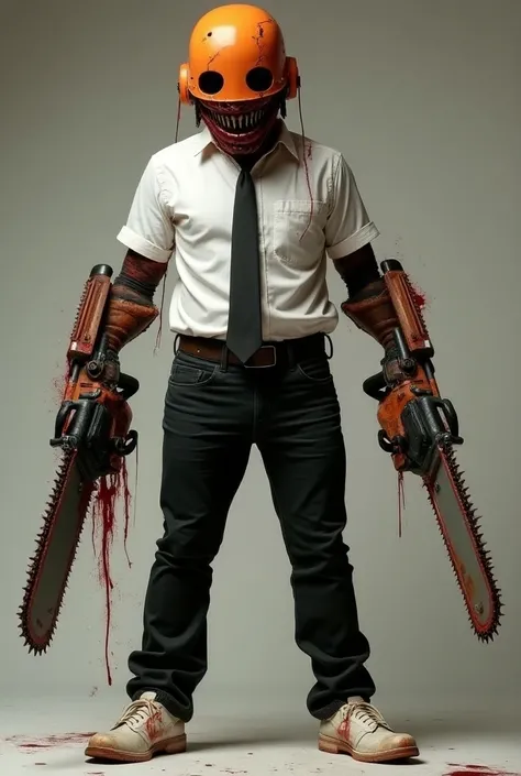  machine gun A person dressed as Chainsaw Man ,  faithfully replicating the iconic design of the character from the anime .  He wears a simple white shirt ,  slightly wrinkled and bloodstained ,  tucked inside tight black pants .  His black tie hangs strai...