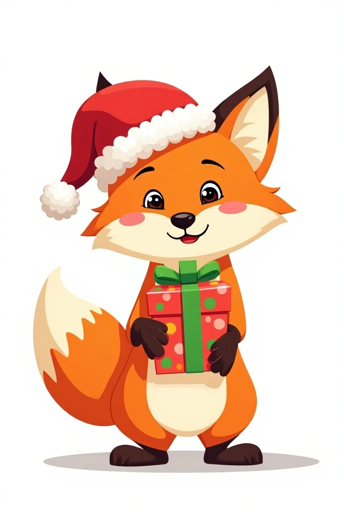 Christmas Fox :  A fox wearing a Santa hat ,  holding a gift with a leg .  Quesea for coloring without shadows, an eye-catching image for ren that easily captures their attention 