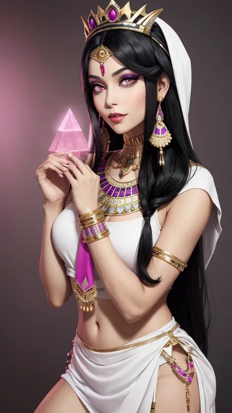 Princess of Egypt, black hair, magenta eyes, white Egyptian outfit