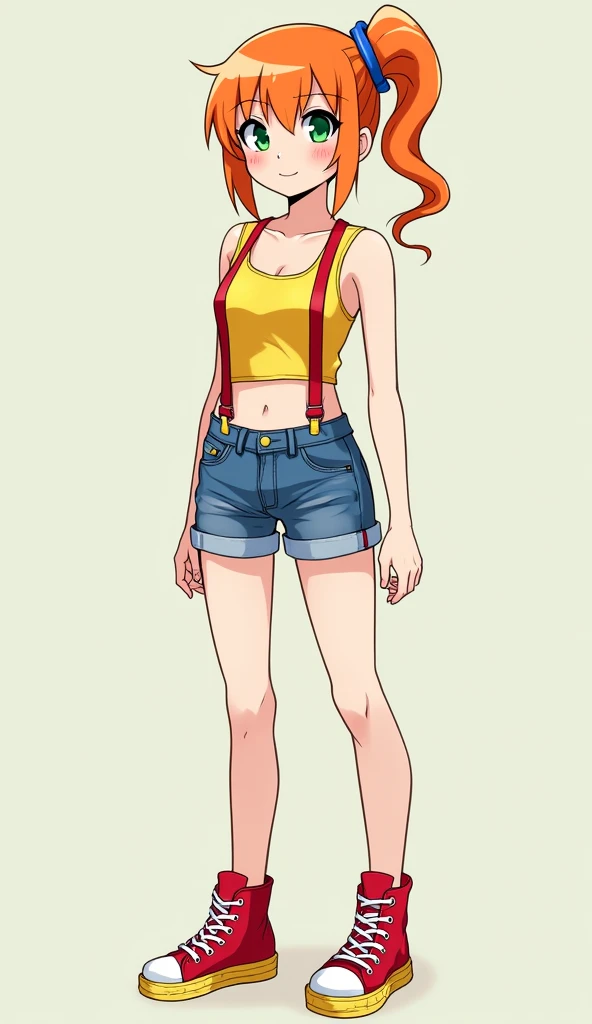 short, orange hair tied into a side ponytail with blue elastic rubber band. She has green eyes and fair skin. She wears a yellow tank top that reveals her midriff, red suspenders, denim shorts that stop at her thighs and red high top sneakers with yellow l...