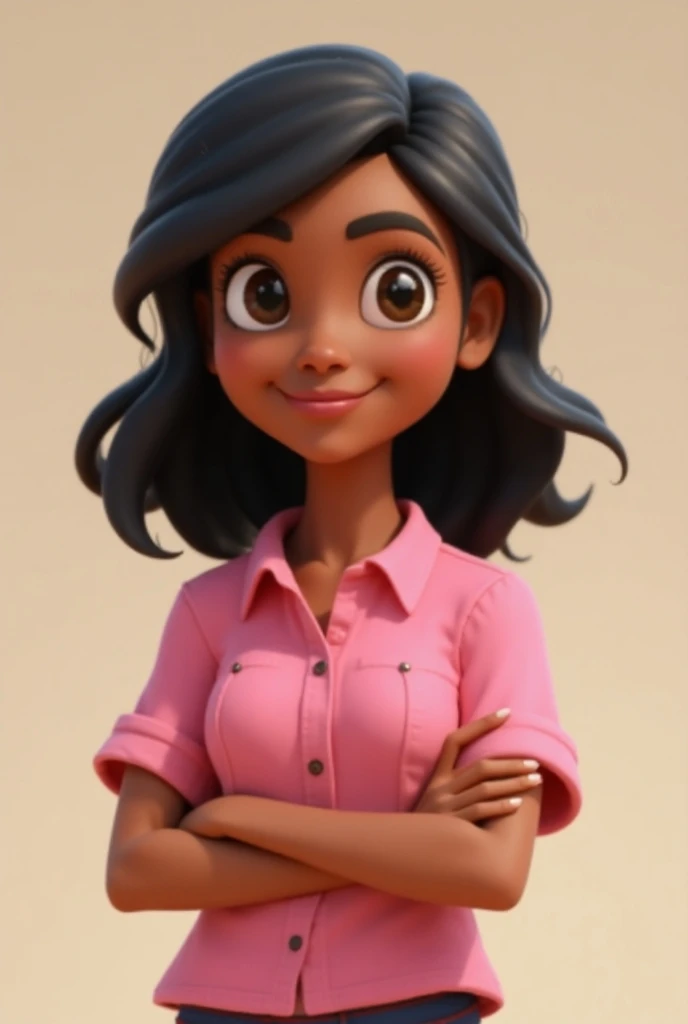 Cartoon character of a craftswoman smiling with pink shirt, shoulder-length wavy black hair, dark skin and small brown eyes, neutral background, animation character, stylized character, animation style rendering, 3D stylized,