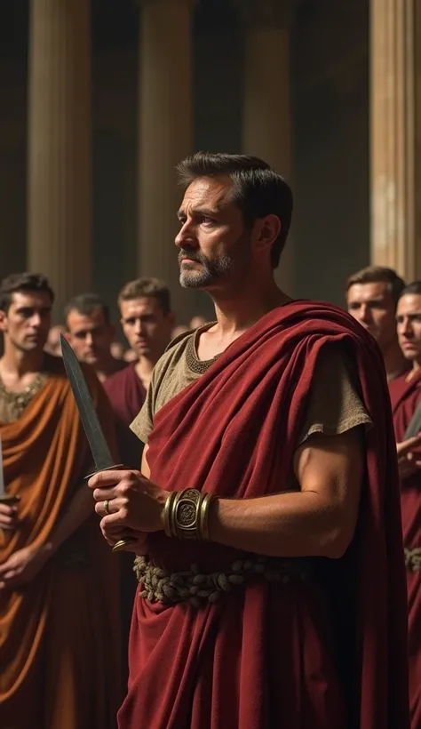 4. Brutus, holding a dagger tightly in his hand, stands facing Caesar, his expression conflicted yet determined, the other senators watching with anticipation, the Senate chamber filled with ominous tension, medium shot, hyper-realistic, photo realism, cin...