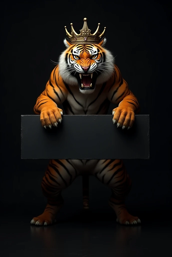 VERY angry tiger with a crown holding a sign with a black background 