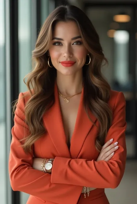 Real and raw photograph taken of a businesswoman, with long brown hair with highlights and blonde streaks, 35 years old, honey-colored eyes, a cute smile, medium and drooping breasts, soft makeup only red lips, wearing bright and elegant business clothes, ...