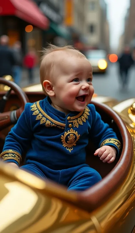 A delighted baby boy, dressed in a royal blue velvet jumpsuit with golden embroidery, is sitting in the driver’s seat of a vintage, gold-plated sports car. The car shines with an old-world luxury, its sleek body reflecting the surrounding city lights. The ...