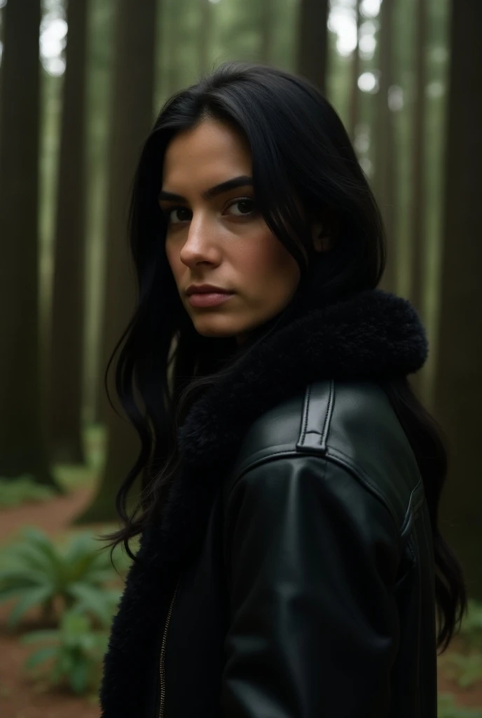 photograph of a woman, ( sympathetic expression ),  ultra
textured leather , goosebumps,  black hair ,
 half raised ,  half down ,
fur lined jacket with skinny jeans and beans,
 group profile ,  towering ancient redwoods
create a sense of wonder and awe, p...