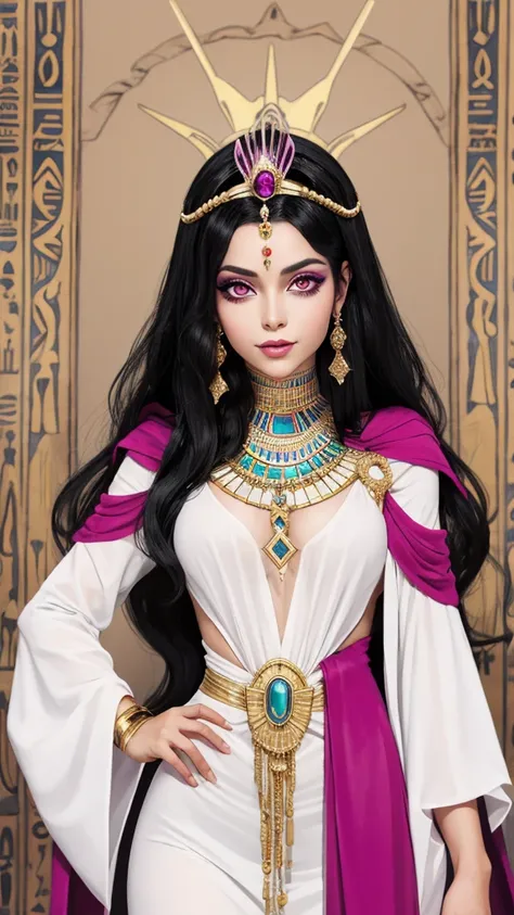 Princess of Egypt, black hair, magenta eyes, white Egyptian outfit