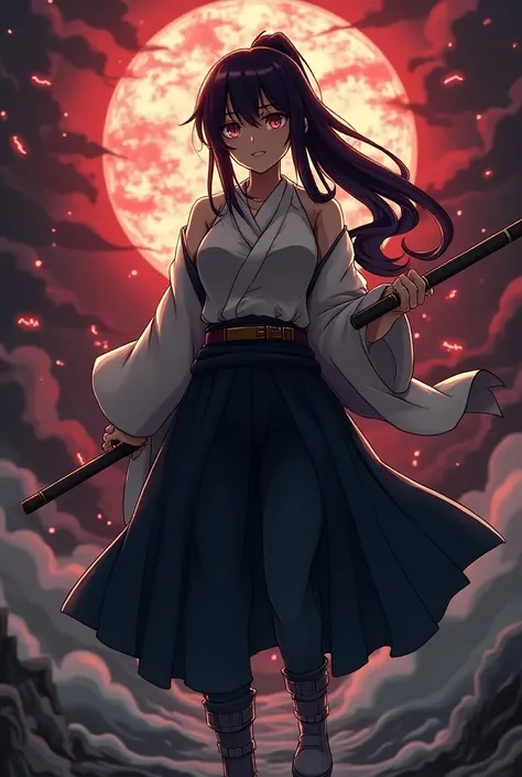  I WANT YOU TO CREATE A KIMETSU GIRL NO YAIBA EVERYTHING IN THE STYLE OF THE SERIES THIS GIRLS BUILD HAS TO BE LIKE MITSURIS ,THE HAIR LIKE THE FIRST UPPER MOON IS BLACK TIED IN A TAIL AND WITH ITS RESPECTIVE DEMON HUNTER CLOTHES 