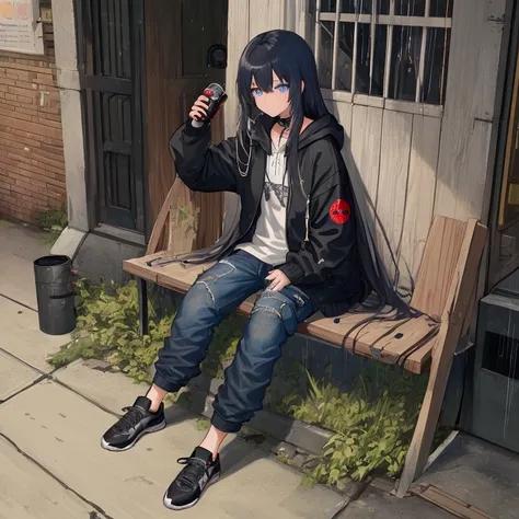 best quality,   masterpiece,  HD , Night, rain,  Out ,   small alleys ,   sells vending machine background ,  A boy, sad,  very very long hair in black,   blue-gray eyes ,  gasmask, necklace,  hoodie black ,   cargo jeans black ,  Sports shoes ,   sit on g...