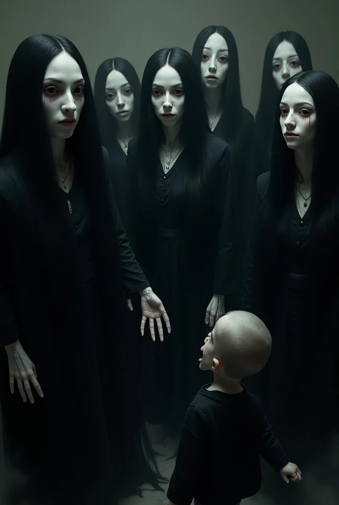 Group of vampires. All albinos, with long black hair. dressed in black. A small  is looking at them, scared 