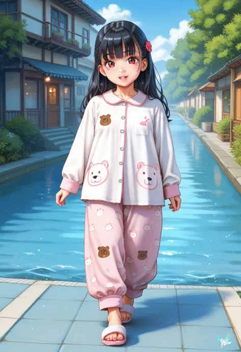 a beautiful korean girl .
 dressed in pajamas with a bear print.
long black hair with bangs.
slipper on the foot. 
she's running...