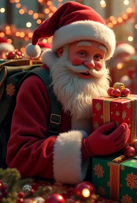  smiling Santa Claus in a hat and red outfit with lots of red Christmas presents in his hand ! With white beard in 5D  