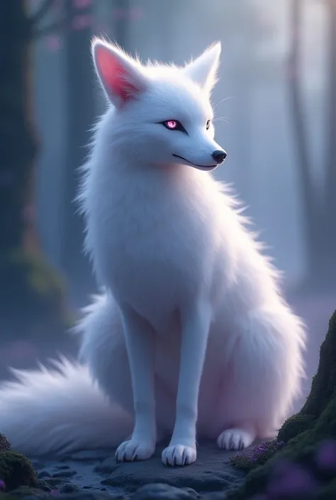 Create a kitsune ,  whose fur is white with silver or purple highlights