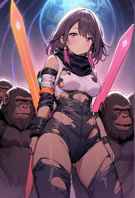 A cute Yuna (astronaut, sexy torn uniform) has been surrounded by Ape Men (apes dressed like men carrying spears and blade weapons), they investigate Yuna, Planet of the Apes