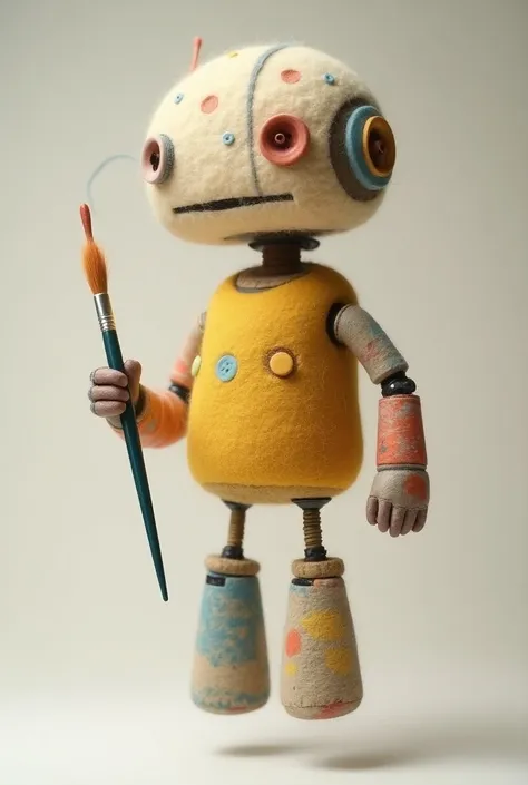 Floating robot which contains art supplies as its body parts the hand must be the paint brush the head can be a sponge with holes the legs can be something of art and the eyes made of buttons body of wool and cotton 