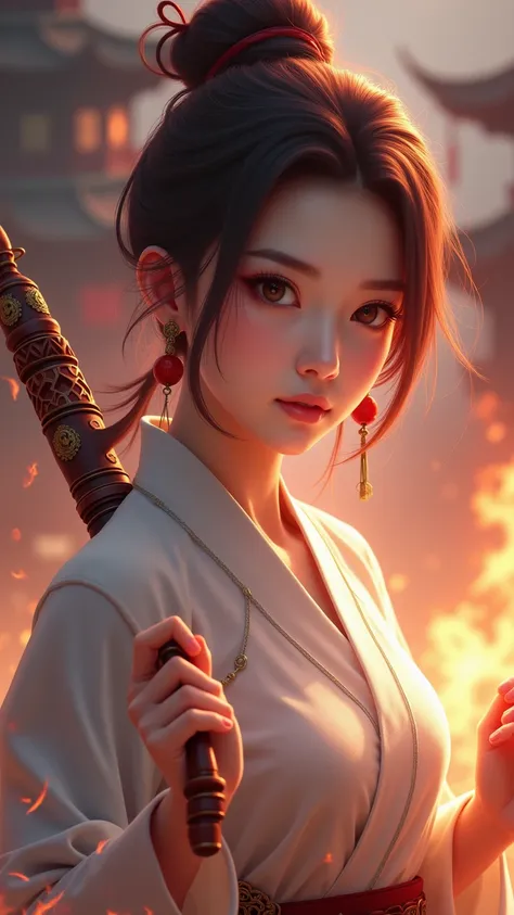 Best image quality, masterpiece level, ultra-high resolution, realism, fantasy theme, weapons, facial details, a girl, single, hair bun, fairy tale theme, upper body, Chinese architecture, flame, get detailed outdoor lighting and movie lighting, increase d...